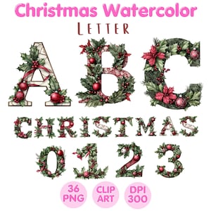 Christmas Watercolor Letter , Christmas Clipart , Christmas PNG, Digital Download, Alphabet Graphic, Watercolor Clipart , Commercial Use