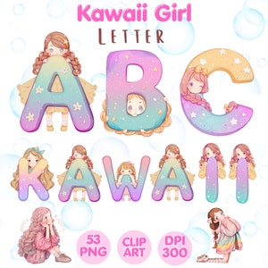 Clipart de número de letra de menina Kawaii, PNG do alfabeto Kawaii, letras de Doodle, fonte de Doodle, sublimação de clipart em aquarela, uso comercial