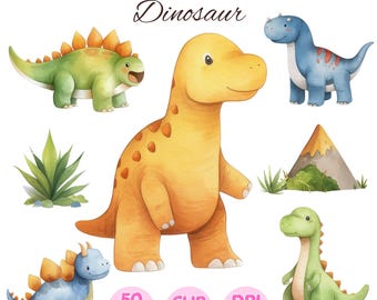 May include: Watercolor illustration of five baby dinosaurs. The dinosaurs are green, yellow, blue, and green. The dinosaurs are in various poses, including standing, walking, and sitting. The background is white. The text "Watercolor Baby Dinosaur" is at the top of the image. The text "50 PNG, Clip Art, DPI 300" is at the bottom of the image.