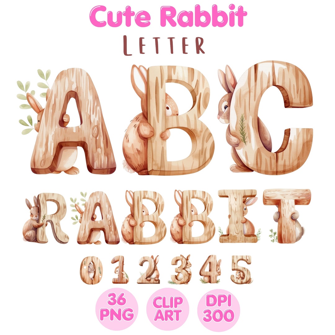 Rabbit Alphabet Clipart: Watercolor Doodle Font (PNG Digital Download ...