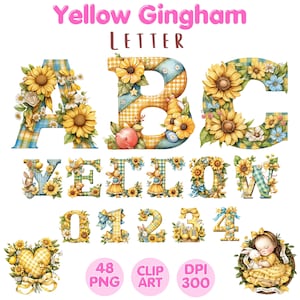 Yellow Gingham Letter, Number Clipart, Gingham Alphabet PNG, Gingham Letters, Clipart Font, Watercolor Clipart Sublimation, Commercial Use