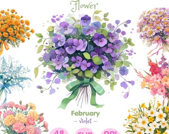 Birth Month Flower Clipart: Watercolor Bouquet PNG (Commercial Use)