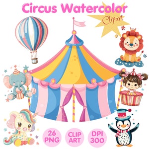 Circus Watercolor Clipart: Carnival Animals, Nursery Art (PNG Digital Download)