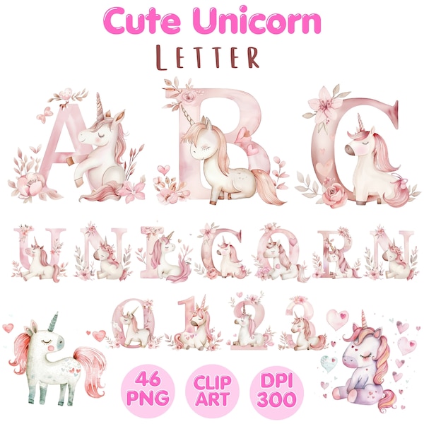 Cute Unicorn Letter Number Clipart, Unicorn Alphabet PNG, Doodle Letters, Doodle Font, Watercolor Clipart Sublimation, Commercial Use