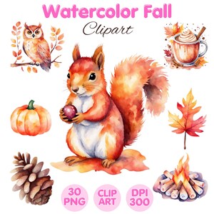 Watercolor Fall Clipart: Autumn PNG Graphics, Commercial Use