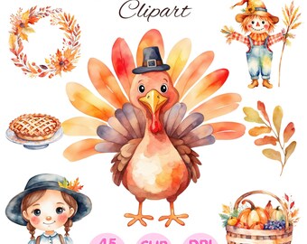Thanksgiving Watercolor Clipart: 45 PNG Images, Commercial Use