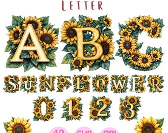 May include: A set of 40 watercolor sunflower alphabet letters and numbers. The letters are A, B, C, S, U, N, F, L, O, W, E, R, 0, 1, 2, and 3. The letters are surrounded by sunflowers and leaves. The letters are in a vintage style. The letters are 300 DPI and are available as clip art.