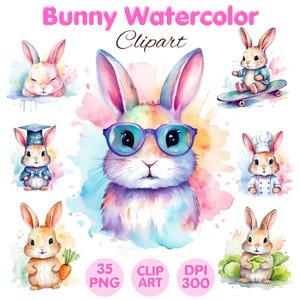 Bunny Watercolor Clipart: 35 PNG Images, Nursery Decor (Commercial Use)