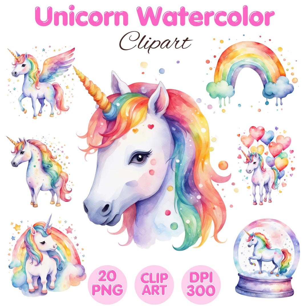Unicorn Watercolor Clipart Set: Rainbow PNG Images (commercial Use) - Etsy
