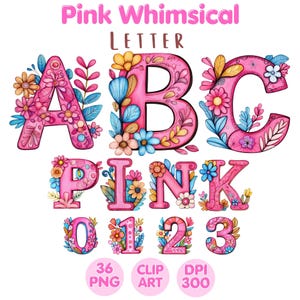 Letra Caprichosa Rosa, Clipart Caprichoso, PNG Caprichoso, Alfabeto Caprichoso, Gráfico de Alfabeto, Sublimação de Clipart, Uso Comercial