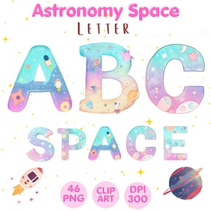 Letra espacial de astronomía, imágenes prediseñadas numéricas, alfabeto espacial PNG, letras de astronomía, fuente para niños, sublimación de imágenes prediseñadas de acuarela, uso comercial