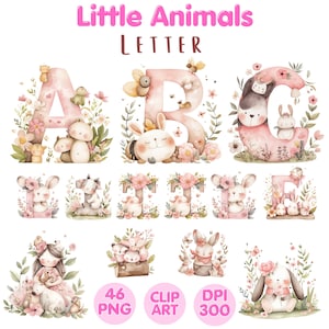 Letra de animales pequeños, imágenes prediseñadas numéricas, alfabeto animal PNG, letras lindas, fuente para niños, sublimación de imágenes prediseñadas de acuarela, uso comercial