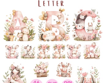 Clipart alphabet animal, aquarelle lettres, chiffres, PNG (usage commercial)