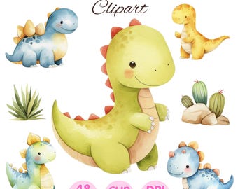 May include: A set of 48 adorable watercolor dinosaur clipart images. The dinosaurs are in various poses and colors, including green, blue, and yellow. The clipart is perfect for adding a fun and whimsical touch to your projects.