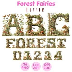 Hadas del bosque, imágenes prediseñadas numéricas, alfabeto de hadas del bosque PNG, letras del bosque, fuente de imágenes prediseñadas, sublimación de imágenes prediseñadas de acuarela, uso comercial