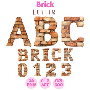 May include: Brick alphabet letters and numbers in a brown and orange color scheme. The letters are A, B, C, and the numbers are 0, 1, 2, and 3. The text "Brick Letter" is at the top of the image.