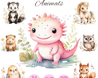 Imágenes prediseñadas de animales en acuarela, imágenes PNG (descarga digital)