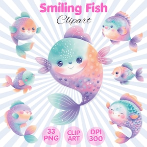 Smiling Fish Clipart: Watercolor PNG Images (Commercial Use)