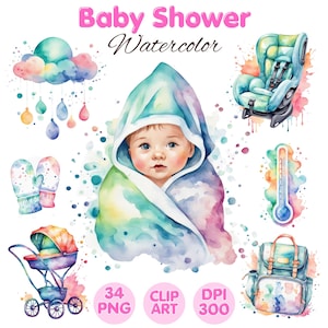 Baby Shower Watercolor Clipart , Baby Shower PNG , Newborn Images , Cute Children Graphics, Watercolor Clipart Sublimation , Commercial Use