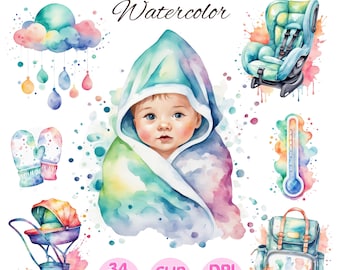 Baby Shower Watercolor Clipart , Baby Shower PNG , Newborn Images , Cute Children Graphics, Watercolor Clipart Sublimation , Commercial Use