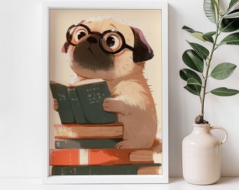 May include: A cartoon pug wearing glasses sits on a stack of books and reads a book. The pug is light brown with a dark brown nose and eyes. The books are various colors and have different titles.