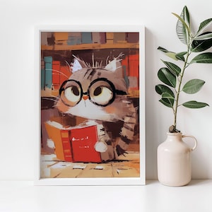 Cute Cat Reading A Book Print | Cute Cat Print | Digital Download | Library Wall Art | Reading Nook Art | Classroom Wall Art | #101