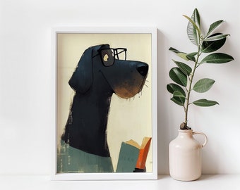 May include: A framed art print featuring a cartoon dog wearing glasses and reading a book. The dog is black with a tan muzzle and is wearing a teal shirt. The book has the word "DEAR" on the cover. The frame is white.