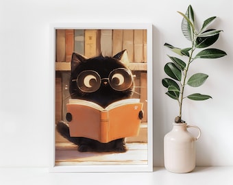Cute Cat Reading A Book Print | Cute Cat Print | Digital Download | Library Wall Art | Reading Nook Art | Classroom Wall Art