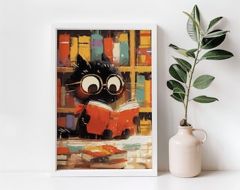 Cute Cat Reading A Book Print | Cute Cat Print | Digital Download | Library Wall Art | Reading Nook Art | Classroom Wall Art