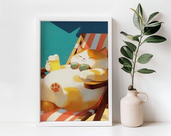 Cute Cat Beach Chair Relaxing Print | Fun Cat Print | Digital Download | Game Room Art | Beach House Wall Art | Kitchen Wall Art