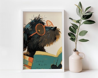 Cute Dog Reading A Book Print | Cute Dog Print |  Digital Download | Library Wall Art | Reading Nook Art | Classroom Wall Art