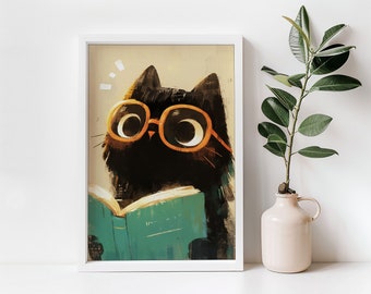 Cute Cat Reading A Book Print | Cute Cat Print | Digital Download | Library Wall Art | Reading Nook Art | Classroom Wall Art