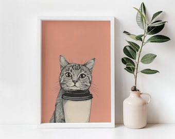 May include: A digital illustration of a gray tabby cat holding a white coffee cup with a black lid. The cat is looking directly at the viewer. The background is a light peach color.