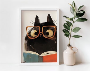 Cute Cat Reading A Book Print | Cute Cat Print | Digital Download | Library Wall Art | Reading Nook Art | Classroom Wall Art