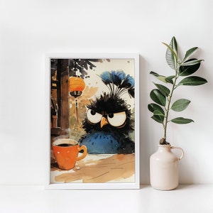 Java-nervositet: När din morgonbrygd rufsar till! | Söt påfågel | Digital nedladdning | Väggkonst för caféhus | Konst för frukosthörnan