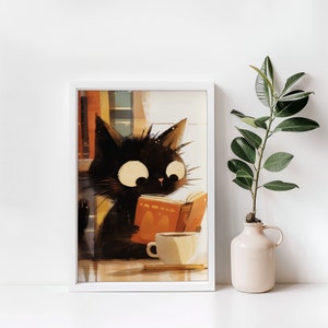May include: A black cat with big eyes sits at a table reading a book. The cat is wearing a brown sweater and has a cup of coffee in front of it.
