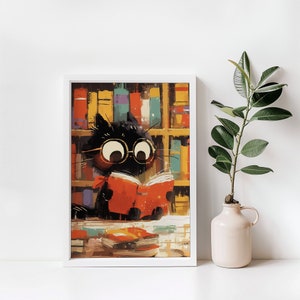 May include: A black cat with round glasses sits in front of a bookshelf, reading a red book. The bookshelf is filled with colorful books and the cat is surrounded by books.