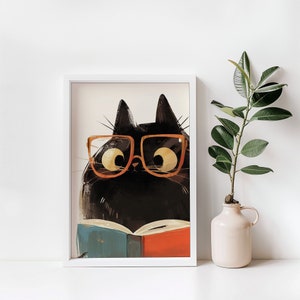 Cute Cat Reading A Book Print | Cute Cat Print | Digital Download | Library Wall Art | Reading Nook Art | Classroom Wall Art