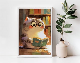 Cute Cat Reading A Book Print | Cute Cat Print | Digital Download | Library Wall Art | Reading Nook Art | Classroom Wall Art | 061