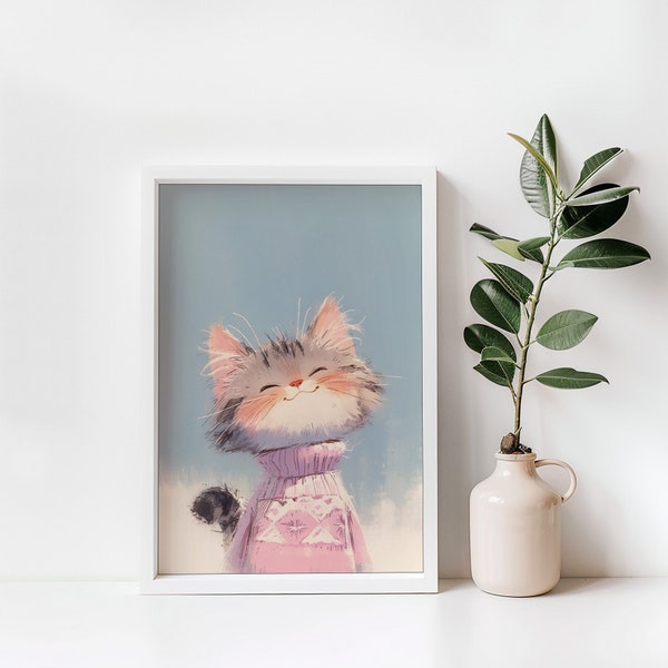 Cute Cat Wearing Sweater Print |  Cute Cat Print |  Digital Download | Kid Bedroom Wall Art | Girl Bedroom Wall Art | Kids Playroom Wall Art