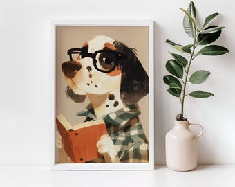 Puede incluir: Una ilustración enmarcada en blanco de un perro con gafas y una camisa a cuadros, sosteniendo un libro. El perro tiene manchas blancas y negras y orejas marrones. El fondo es de color marrón claro.