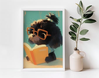 May include: A black and white illustration of a dog wearing glasses and reading a book. The dog is sitting on a blue and green background.