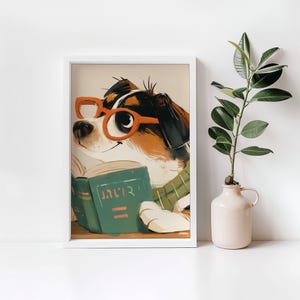 Söt hund som läser en boktryck | Söt hundtryck | Digital nedladdning | Väggkonst i biblioteket | Konst i läshörnan | Väggkonst i klassrummet | 060