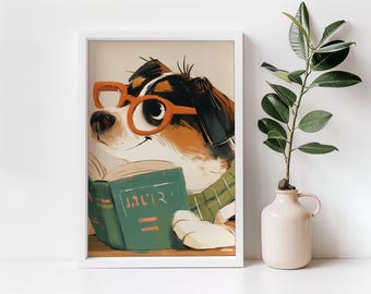 Könnte beinhalten: Eine Cartoon-Illustration eines Hundes, der eine orangefarbene Brille trägt und ein grünes Buch mit dem Wort "J.A.L.I.R." auf dem Cover liest.