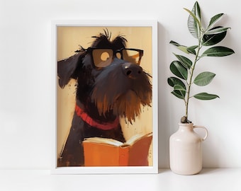 May include: A framed art print featuring a black dog wearing glasses and a red collar, engrossed in reading an orange book. The dog has a long, shaggy beard and is set against a light yellow background.