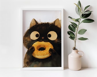Adorable Black Cat Art Print | Digital Download | Kawaii Kitten with Donut | Cute Cat Lover Gift | Whimsical Wall Decor | 062