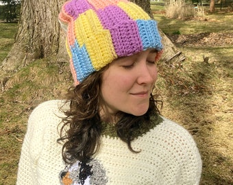 Unisex Pastel Patchwork Crochet Beanie