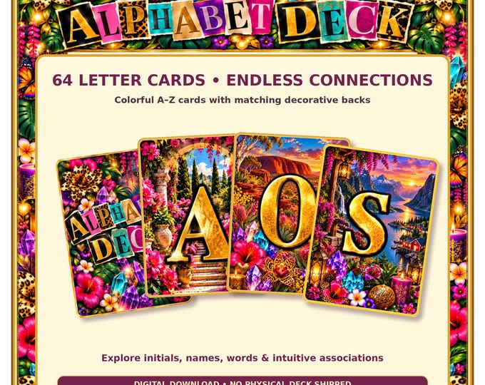 Featured listing image: Printable Alphabet Oracle Deck, 64 Letter Cards with Matching Backs, Colorful A–Z PDF Download