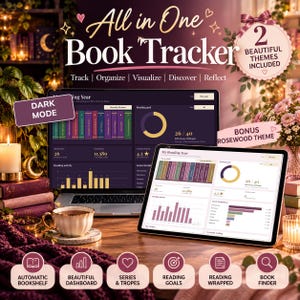 May include: A digital book tracker displayed on a laptop and tablet screen, featuring reading goals, genre breakdowns, and an automatic bookshelf. The interface includes text labels like All in One Book Tracker, Dark Mode, and Bonus Rosewood Theme.
