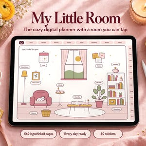 May include: A digital tablet displaying a planner interface titled My Little Room, featuring a room illustration with interactive icons for year, health, money, home, mind, reading, and notes. The screen includes a calendar, bookshelf, and chair.